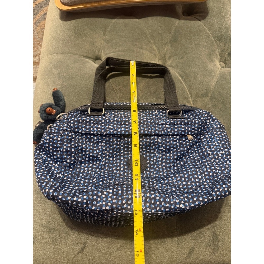 Kipling Satchel Bag Blue White Dot Print Monkey‎ Charm Top Handle Crossbody